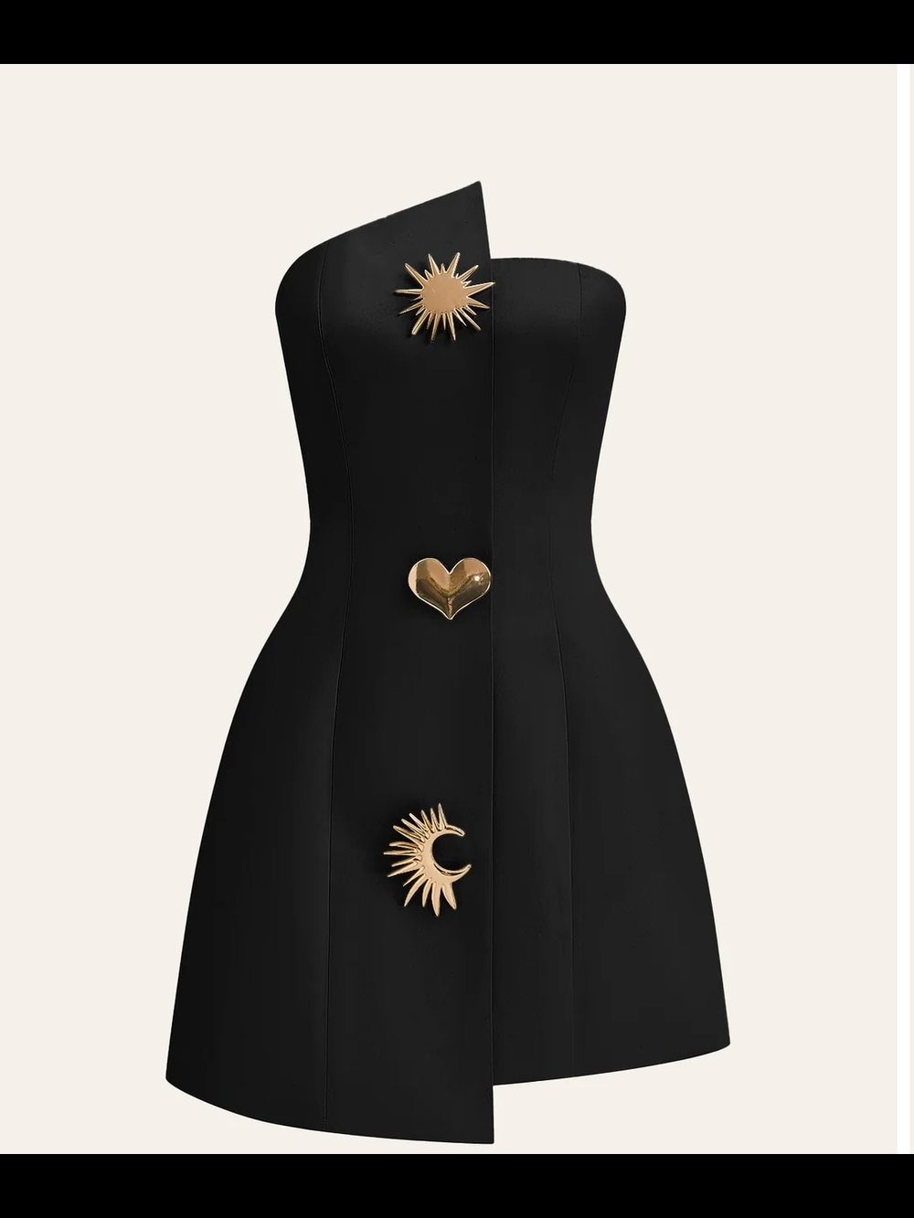 Commense One-Shoulder Black Mini Dress with Gold Sun & Heart Accents